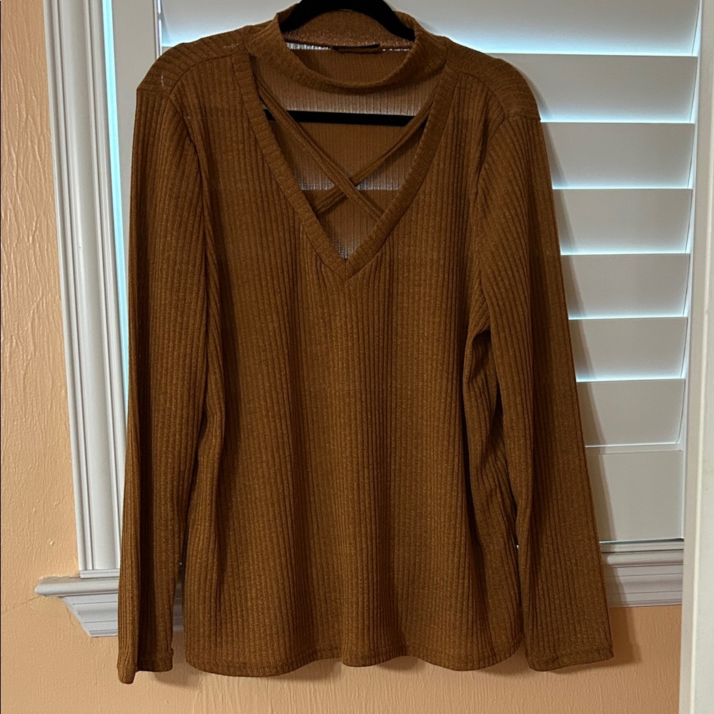 SHEIN Camel Ribbed V-Neck Sweater
